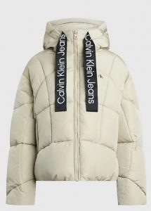 CALVIN KLEIN JEANS – Piumino Donna Corto con Fettuccia Logata Beige