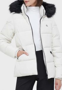CALVIN KLEIN JEANS – Piumino Corto Donna con Cappuccio Attillato Bianco