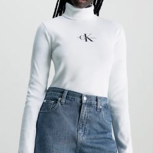 CALVIN KLEIN JEANS – Top Donna con Monogramma a Costine e con Collo Alto Bianco