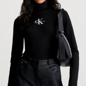 CALVIN KLEIN JEANS – Top Donna con Monogramma a Costine e con Collo Alto Nero