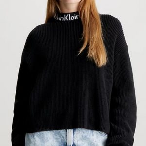 CALVIN KLEIN JEANS – Maglione Donna con Colletto e Logo in Cotone Nero