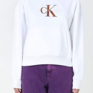 CALVIN KLEIN JEANS – Felpa Donna con Cappuccio in Pile Misto Cotone Bianco