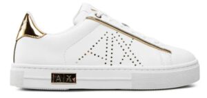 Armani Exchange – Scarpe Donna Bianca in action leather con inserti Oro in vernice e dettagli specchiati