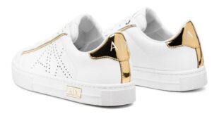 Armani Exchange – Scarpe Donna Bianca in action leather con inserti Oro in vernice e dettagli specchiati