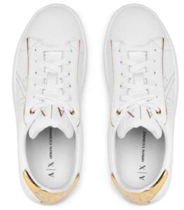 Armani Exchange – Scarpe Donna Bianca in action leather con inserti Oro in vernice e dettagli specchiati