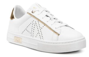 Armani Exchange – Scarpe Donna Bianca in action leather con inserti Oro in vernice e dettagli specchiati