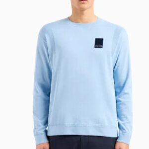 ARMANI EXCHANGE – Maglione Uomo Girocollo in Cotone Organico ASV con Patch Celeste