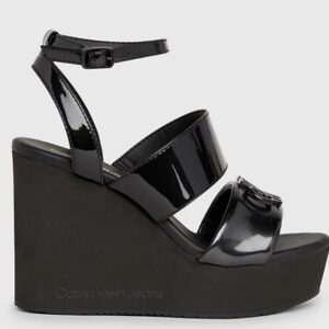 CALVIN KLEIN JEANS – Sandali Donna con Zeppa con Plateau in Pelle Verniciata Nero