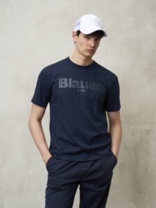 BLAUER – T-Shirt Uomo Scritta Blauer in Tono Blu Solidate