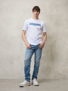 BLAUER – T-Shirt Uomo Logo Sfumato Bianco