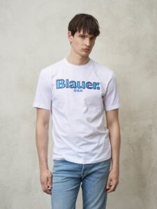 BLAUER – T-Shirt Uomo Logo Sfumato Bianco