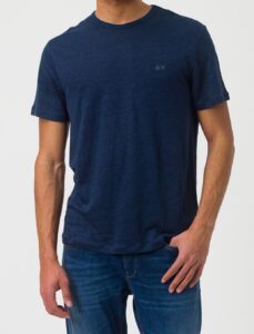 SUN68 – T-Shirt Uomo Linen Solid S/S Blu Navy