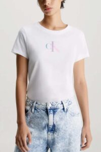 CALVIN KLEIN JEANS – T-Shirt Donna con Monogramma Slim Bianco Bright