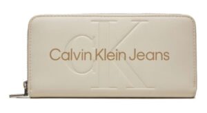 CALVIN KLEIN JEANS – Portafoglio Donna con Zip Integrale e Logo Eggshell