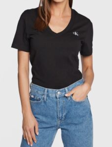 CALVIN KLEIN JEANS – T-Shirt Donna Slim Fit Scollo a V Nero
