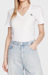 CALVIN KLEIN JEANS – T-Shirt Donna Slim Fit Scollo a V Bianco