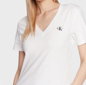 CALVIN KLEIN JEANS – T-Shirt Donna Slim Fit Scollo a V Bianco