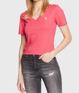 CALVIN KLEIN JEANS – T-Shirt Donna Slim Fit Scollo a V Rosa