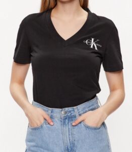 CALVIN KLEIN JEANS – T-Shirt Donna Scollo a V Nero