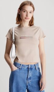 CALVIN KLEIN JEANS – T-Shirt Donna Corta con Logo Vestibilità Slim Rosa Seppia