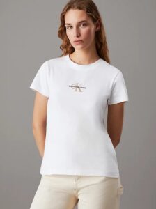 CALVIN KLEIN JEANS – T-Shirt Donna con Monogramma Slim Logo Ricamato Bianco