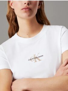 CALVIN KLEIN JEANS – T-Shirt Donna con Monogramma Slim Logo Ricamato Bianco