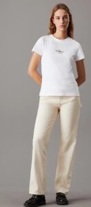 CALVIN KLEIN JEANS – T-Shirt Donna con Monogramma Slim Logo Ricamato Bianco
