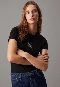 CALVIN KLEIN JEANS – T-Shirt Donna con Monogramma Slim Logo Ricamato Nero