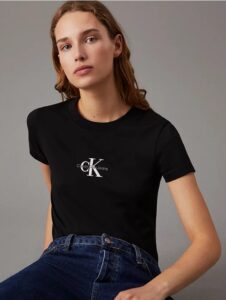 CALVIN KLEIN JEANS – T-Shirt Donna con Monogramma Slim Logo Ricamato Nero