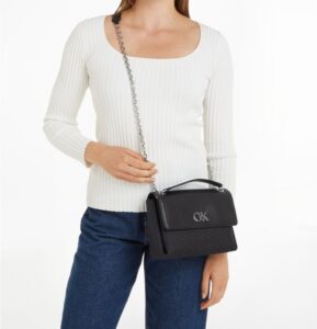 CALVIN KLEIN – Borsa da Spalla Donna Convertibile in Jacquard con Logo Nero