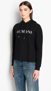 ARMANI EXCHANGE – Felpa Donna in French Terry con Cappuccio Biologico e Logo in Perline Nero