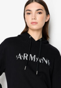 ARMANI EXCHANGE – Felpa Donna in French Terry con Cappuccio Biologico e Logo in Perline Nero