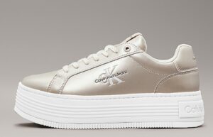 CALVIN KLEIN JEANS – Scarpe Donna Sneaker Platform in Pelle Metallizzata Bianco Crema