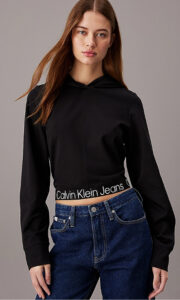 CALVIN KLEIN JEANS – Felpa Donna con Cappuccio in Jersey Milano con Fettuccia Logo Nero