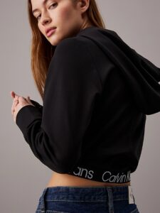 CALVIN KLEIN JEANS – Felpa Donna con Cappuccio in Jersey Milano con Fettuccia Logo Nero