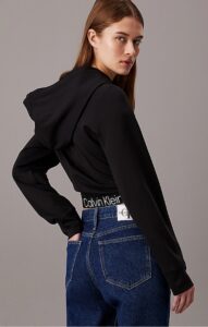 CALVIN KLEIN JEANS – Felpa Donna con Cappuccio in Jersey Milano con Fettuccia Logo Nero